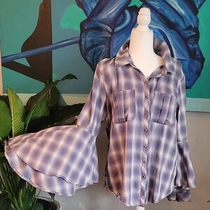 Aratta Lavender Plaid Flare Sleeve Shirt With Floral Back Size XL